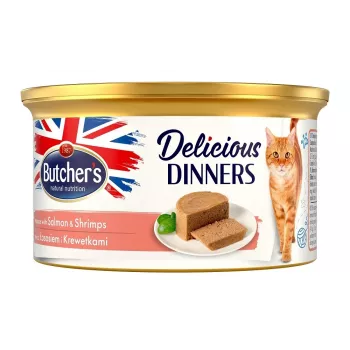 Nassfutter für Katzen butcher's Mousse Delicious Dinners Lachs und Garnelen 85 g, Protein 9,5 %, Fett 4 %
