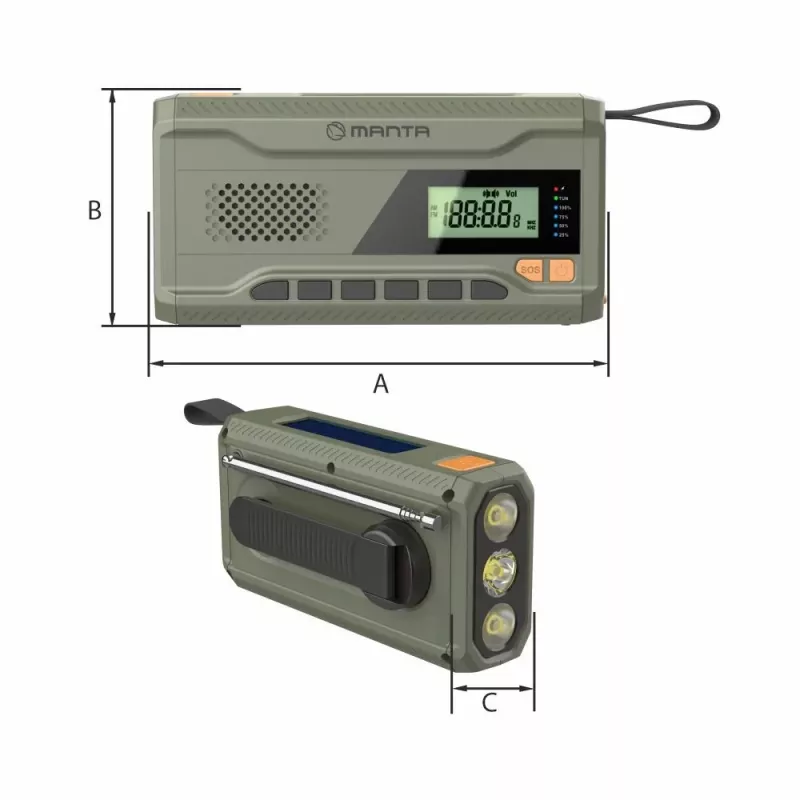Tragbares UKW-Radio MANTA RDI401G mit Solarpanel, Dynamokurbel, 4000–4500 mAh Akku, 5 V USB-Ausgang, 3 W, Taschenlampe