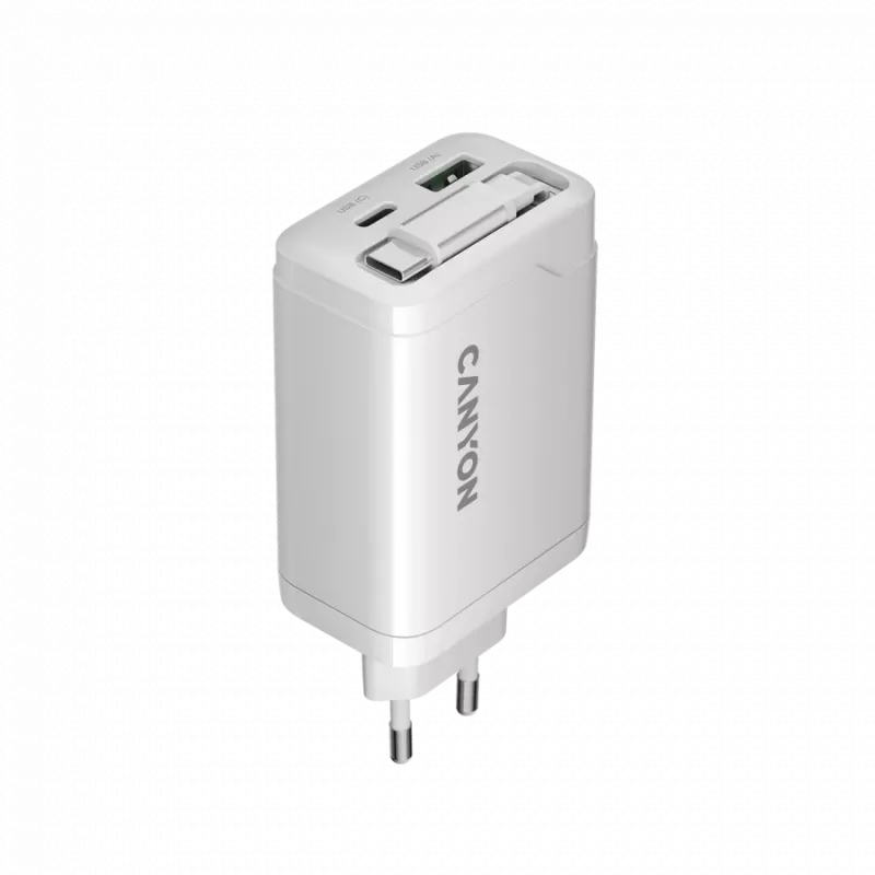CANYON Ladegerät OnCharge 65RC mit integriertem USB-C-Kabel 65W, 1x PD, 1x QC, EU-Stecker, Weiß