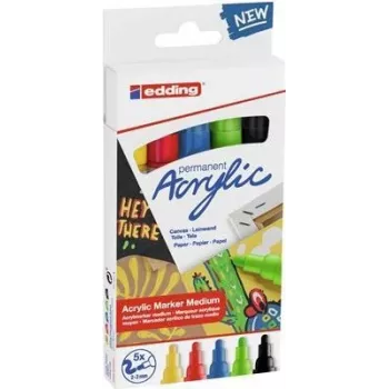 Edding 5100 Acrylmarker-Set, Medium, 5 Stück, Schwarz/Blau/Grün/Rot/Gelb