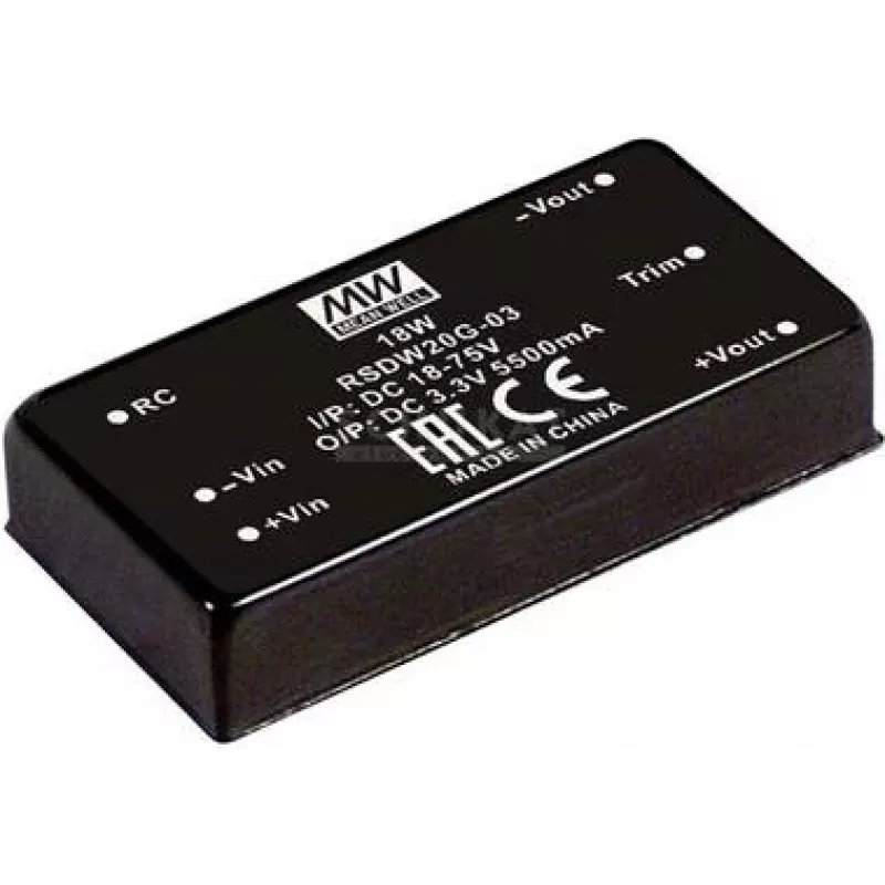 Netzteil/Wandler MEAN WELL RSDW20F-03 — 20 W Ausgangsleistung, 3 V Ausgangsspannung, Tiefe 50,8 mm, Gewicht 35 g