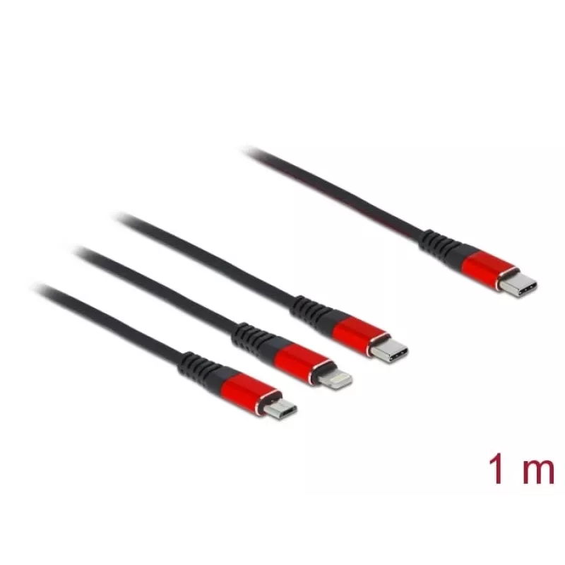 USB-Ladekabel DeLOCK 3-in-1 USB Type-C auf Lightning Micro USB USB Type-C 1 m schwarz rot