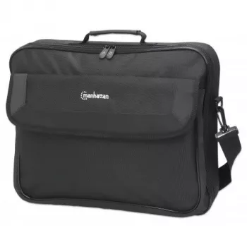 Manhattan Cambridge Laptoptasche 17,3 Zoll, Clamshell-Design, Schwarz, LOW COST, Zubehörfach, Dokumentenfach auf der Rückseite, Schultergurt (abnehmbar), entspricht Targus CN418EU, Notebook-Tasche, drei Jahre Garantie