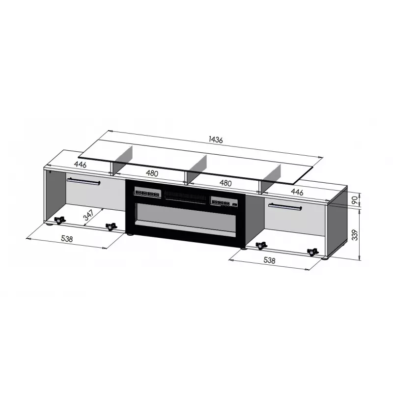 TV-Schrank Cama Meble ROVA mit elektrischem Kamin, 190x37x48 cm, Schwarz/Schwarz glänzend
