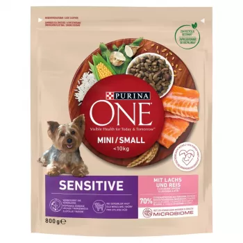 Trockenfutter Purina Nestlé One Mini/Small Sensitive Salmon & Rice 800 g – für kleine Rassen (5–10 kg), Senioren, 27 % Protein, 17 % Fett