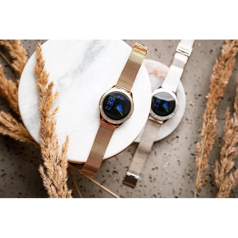 Smartwatch ORO-MED ORO-SMART CRYSTAL SILVER — rundes Metallgehäuse, LCD 240 × 198, 1,04 Zoll Display, Bluetooth 4.0, wasserdicht, 120 mAh Batterie
