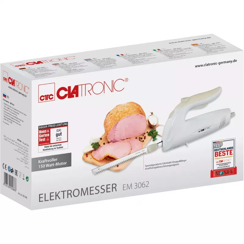 Elektrisches Messer CLATRONIC EM 3062, handgeführter Lebensmittelschneider, weiß, Edelstahlklingen, 160 W