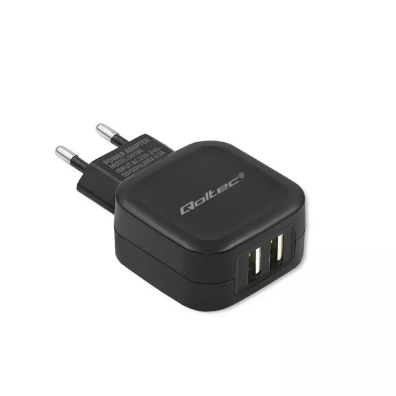 AC Indoor Charger QOLTEC 50186 for Smartphone and Tablet, 5 V 3.4 A, 17 W, 2× USB, Schwarz