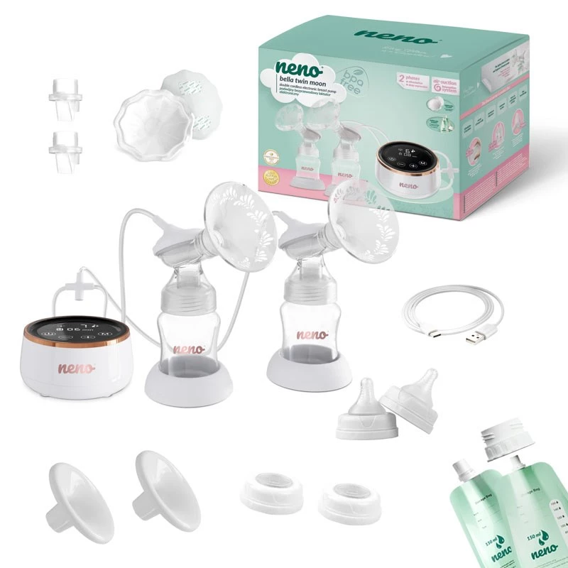 Elektrische Doppel-Milchpumpe neno Bella Twin Moon – kabellos, zweiphasig, LCD, 150 ml Flaschen, Perlmutt