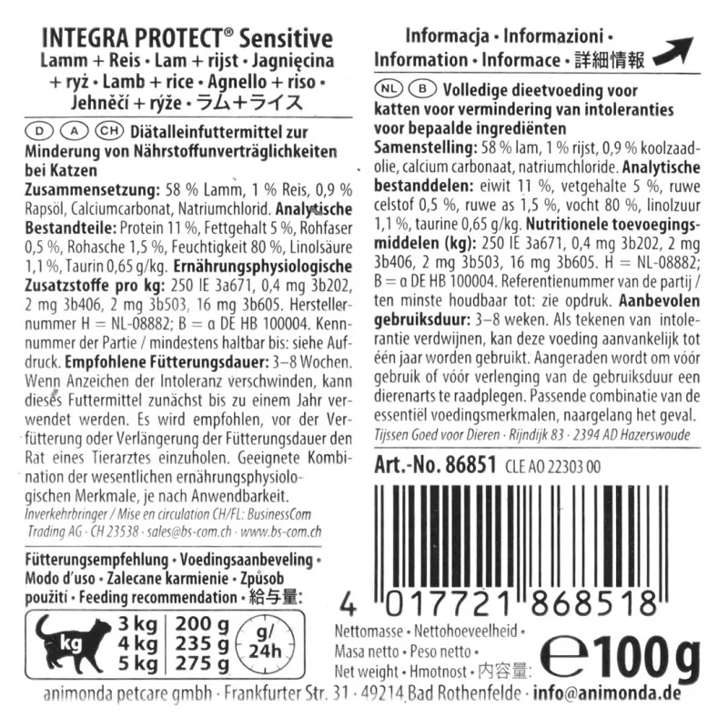 Nassfutter für Katzen animonda Integra Protect Sensitive Mature Lamm & Reis 100 g, getreidefrei, glutenfrei, zuckerfrei