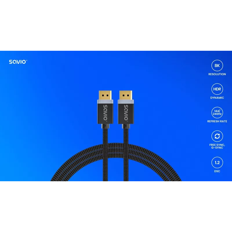 DisplayPort-Kabel SAVIO CL-166 2 m Schwarz – DisplayPort 1.4, Stecker-Stecker, vergoldete Kontakte