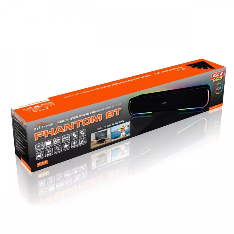 Lautsprecher MEDIA‑TECH Phantom MT3180 Soundbar 450W RMS, 80W batteriebetrieben, Bluetooth, kabelgebunden & kabellos, schwarz