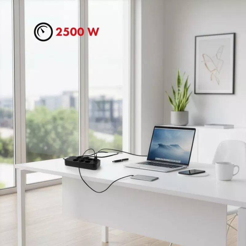 Steckdosenleiste MACLEAN MCE389 B — 6 Steckdosen, 4×USB-A + 1×USB-C, 110–240V, 2,1A, 2500W, 1,5 m Kabel, schwarz