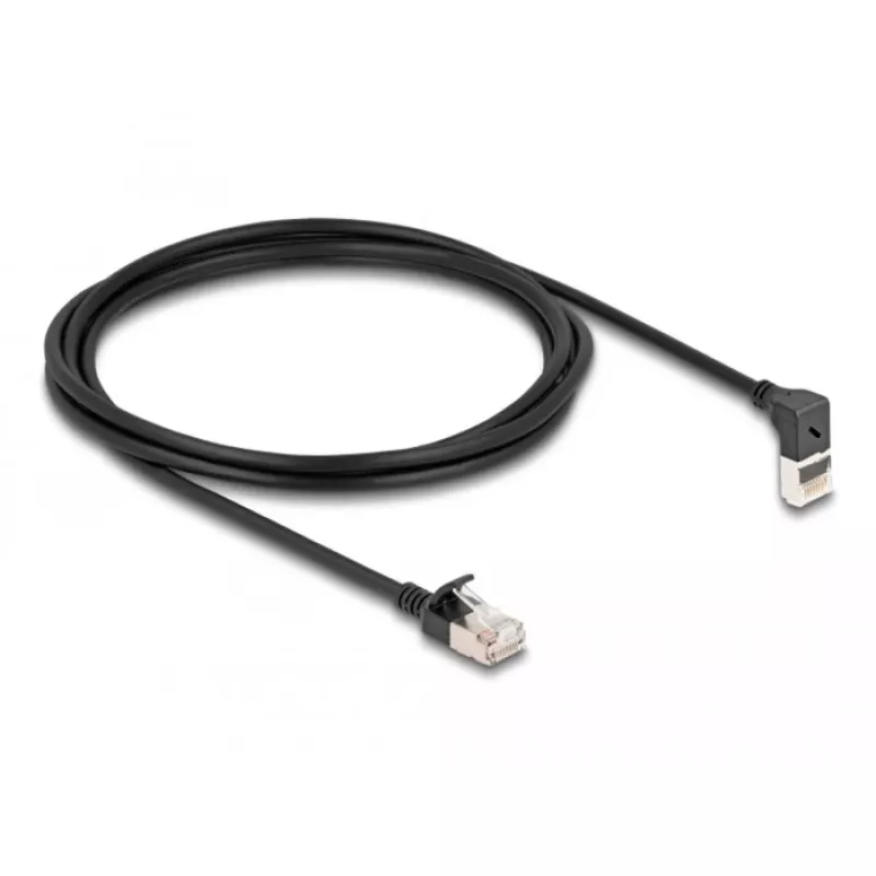 Delock - Netzwerkkabel - RJ-45 (M) aufwärts abgewinkelt zu RJ-45 (M) gerade - 2,0 m - 4,5 mm - S/FTP - CAT 6a - geschirmt, halogenfrei - Schwarz (80288)