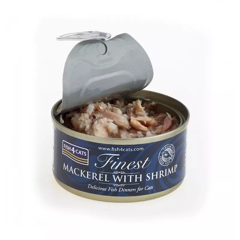 Nassfutter für Katzen FISH4DOGS Makrele mit Garnele 70 g — ausgewachsene Katzen, Fischgeschmack, Dose, glutenfrei