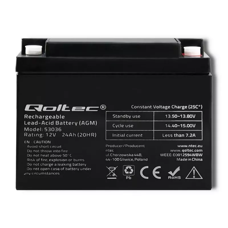 Qoltec 53036 AGM-Batterie | 12V | 24Ah | max 360A