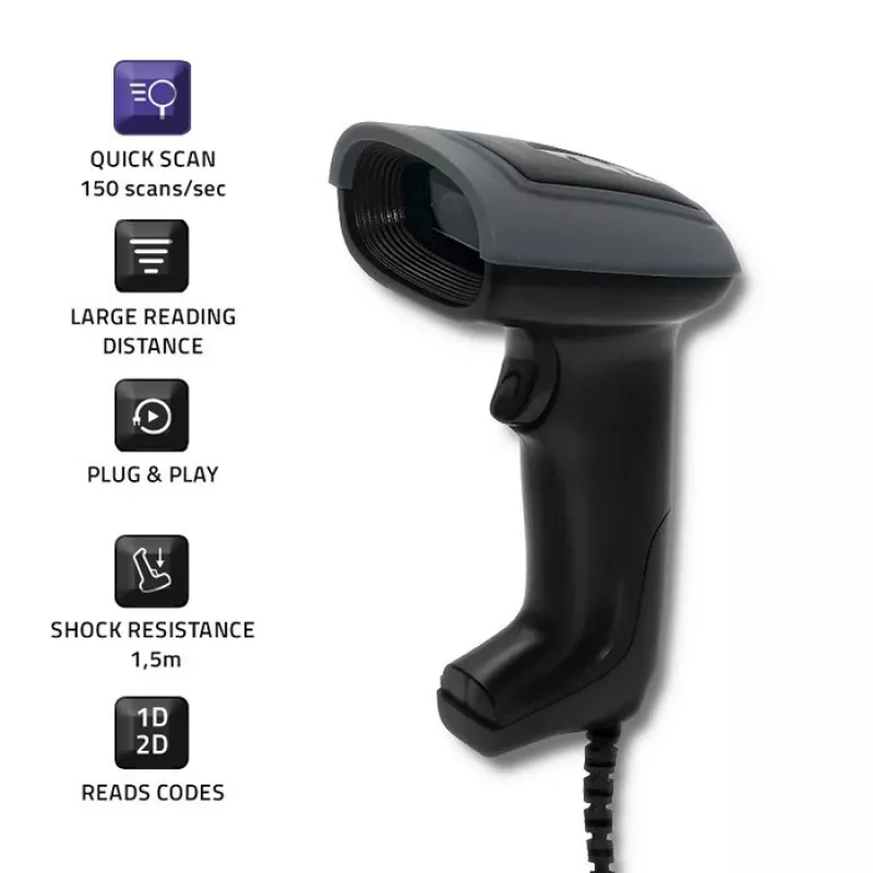 Hand-Barcodeleser QOLTEC 50863 — 1D/2D-Scanner, USB kabelgebunden, LED-Sensor, Schwarz, 5V, 1,8 m Kabel