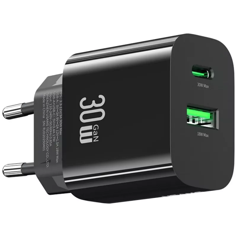 USAMS Ladegerät USA001631 30W mit 1x USB-C und 1x USB-A Schnellladung