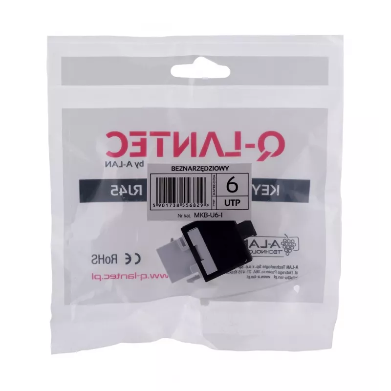 Keystone-Modul A-LAN MKB-U6-1 — RJ45 U/UTP Cat6, 22/26 AWG, schwarz/weißes ABS-Gehäuse