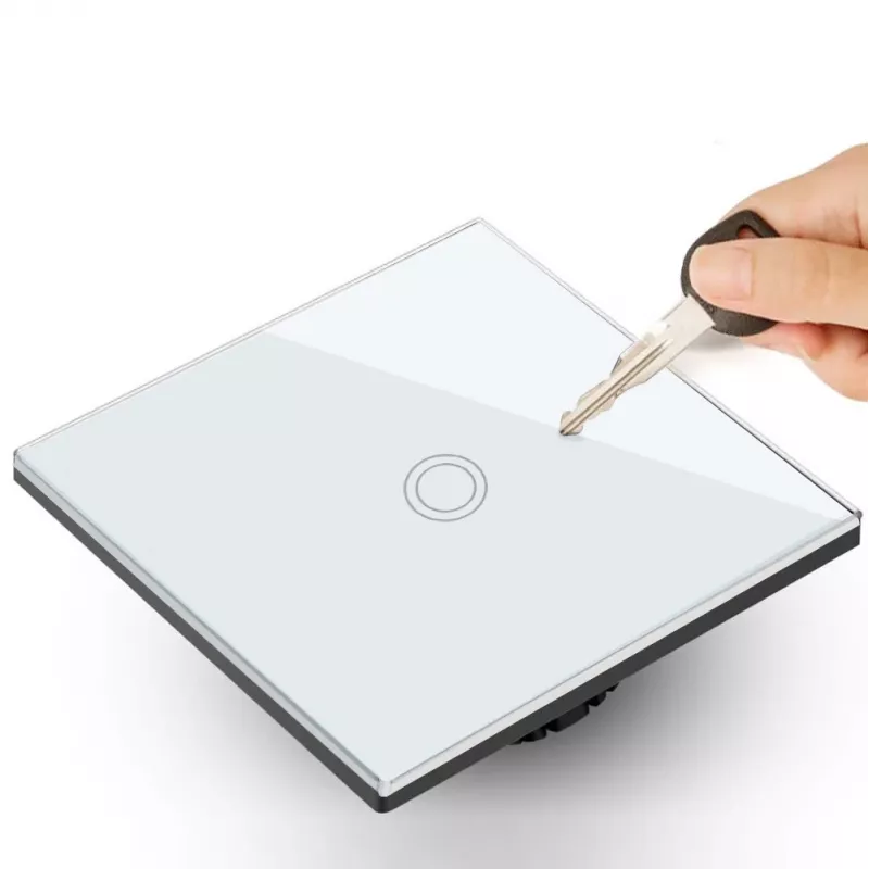Touch-Lichtschalter MACLEAN MCE702W — einzelner runder Glastaster, kabelgebunden, 110–240 V, 2 A, 1000 W, weiß