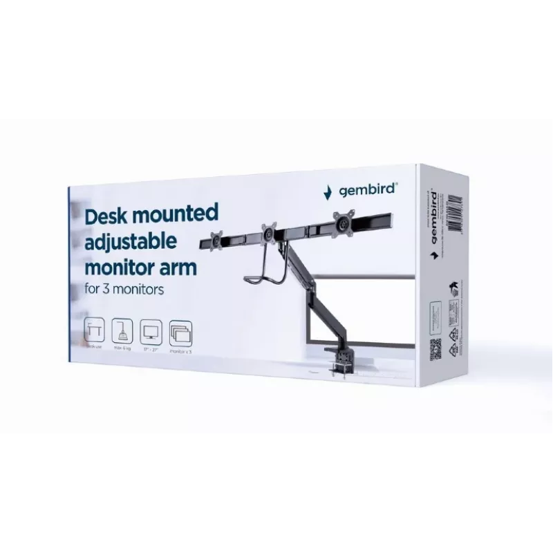 Desk monitor mount GEMBIRD MA-DA3-03, 3-arm, gas spring, VESA 75–100x100, supports 3 displays up to 27 inch, max 18 kg, Schwarz
