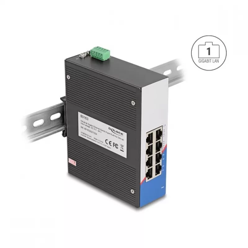 Gigabit Ethernet Switch DELOCK 80163, 8-Port RJ45 Industrie-Switch, unmanaged, Metallgehäuse