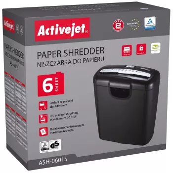 Activejet ASH-0601S Aktenvernichter, P-2, 10 l, 6 mm Streifen, 6 Blatt, Schwarz.