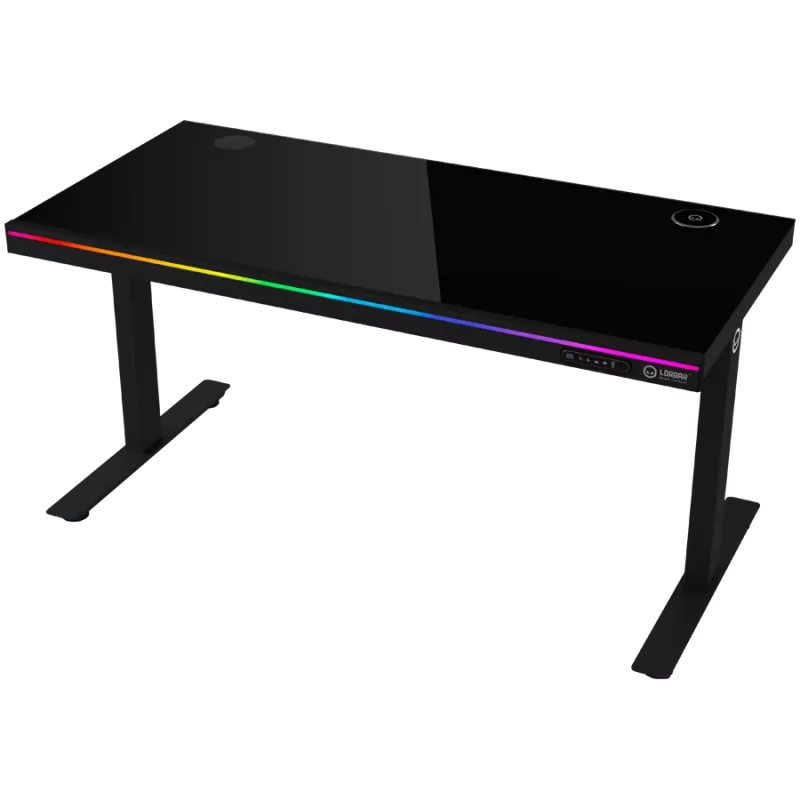 Höhenverstellbarer Gaming-Schreibtisch mit zwei Motoren, Sitz-/Stehfunktion, kabellosem Ladegerät, RGB-Beleuchtung, Bedienfeld und USB-Anschlüssen, Tischplatte aus gehärtetem Glas, schwarz