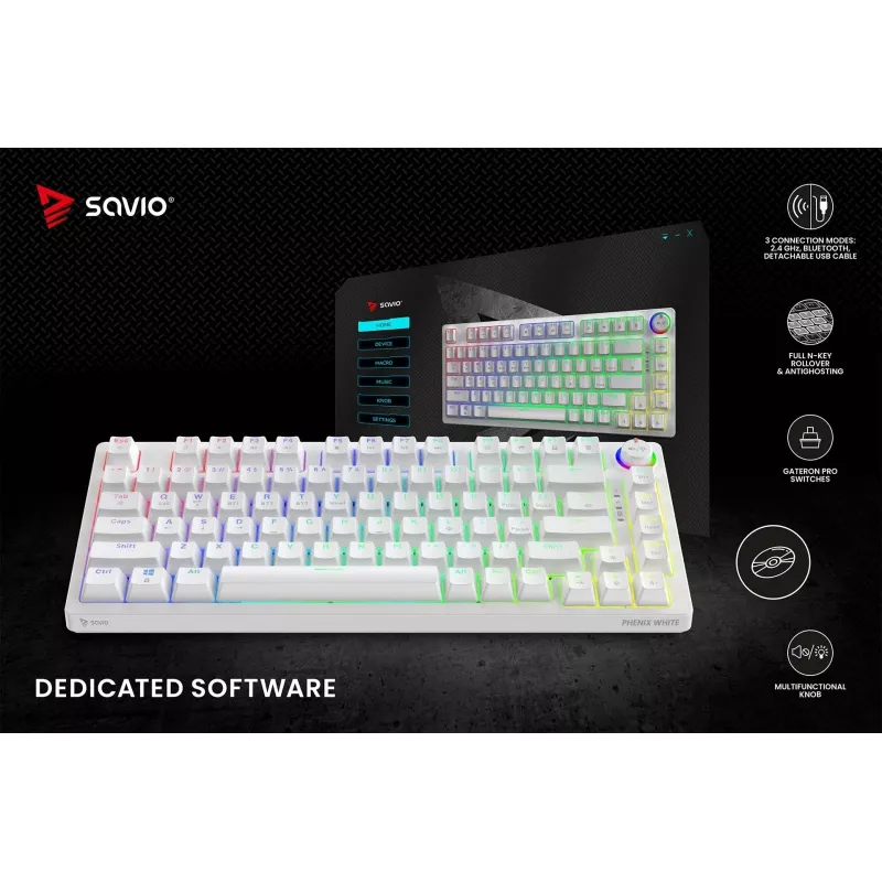 SAVIO PHENIX WHITE Kabellose Mechanische Tastatur, Gateron Red Pro, ABS