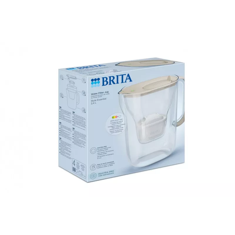 Wasserfilterkrug BRITA Style Essential Kanne, 2,4 l Tank (1,4 l gefiltert), MAXTRA, Klappdeckel, Sand