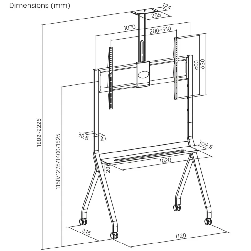 TV-Ständer MACLEAN MC-114 B tragbarer Bodenständer für 55–100 Zoll Bildschirme, max. Belastung 120 kg, VESA 200x200–900x600, Höhe 115–152 cm, schwarz, Regal