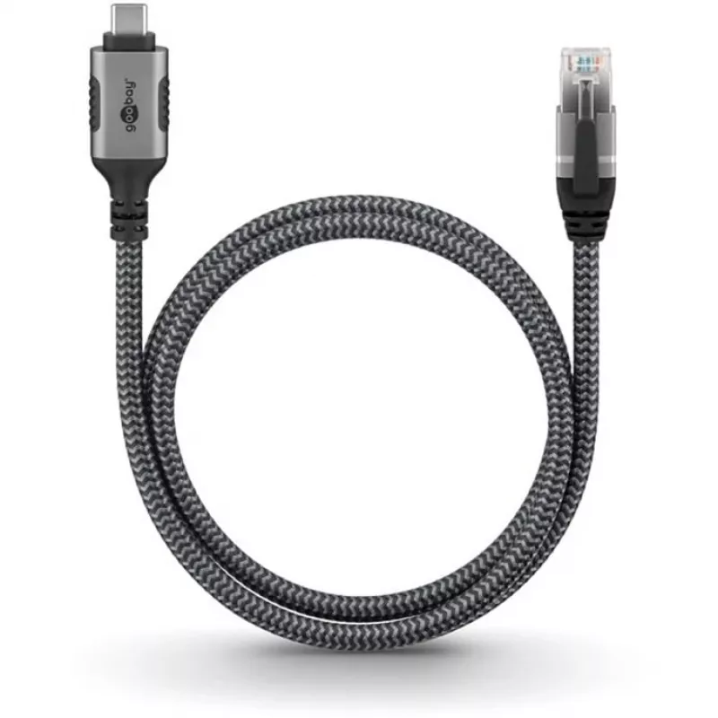 Ethernet-Kabel USB-C 3.2 Gen2 Stecker > RJ-45 Stecker (schwarz/Silber, 5 Meter, geflochtenes Textilmantel)