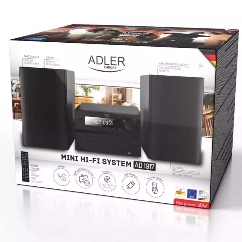 Mini Hi‑Fi Stereo System Adler AD 1917 — Bluetooth V5.3, CD/USB/MP3, 2×25 W RMS, UKW-Tuner, 4‑Band-Equalizer, AUX, Schwarz