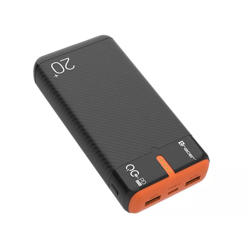 Tragbares Ladegerät TRACER EnerGen 20000 mAh, Power Delivery 20W, USB-C-Eingang, 2×USB-A-Ausgänge, Unterstützung für 3 Geräte, orange