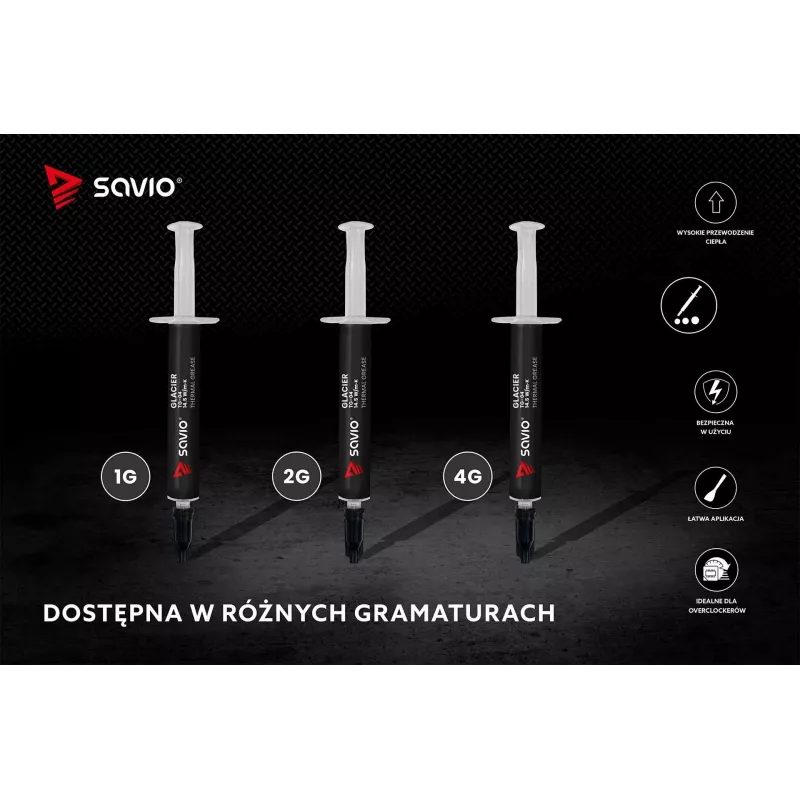 Wärmeleitpaste SAVIO TG-04 4 g — Wärmeleitfähigkeit 14,5 W/m·K, Betriebstemperatur -250 bis 300 °C, grau
