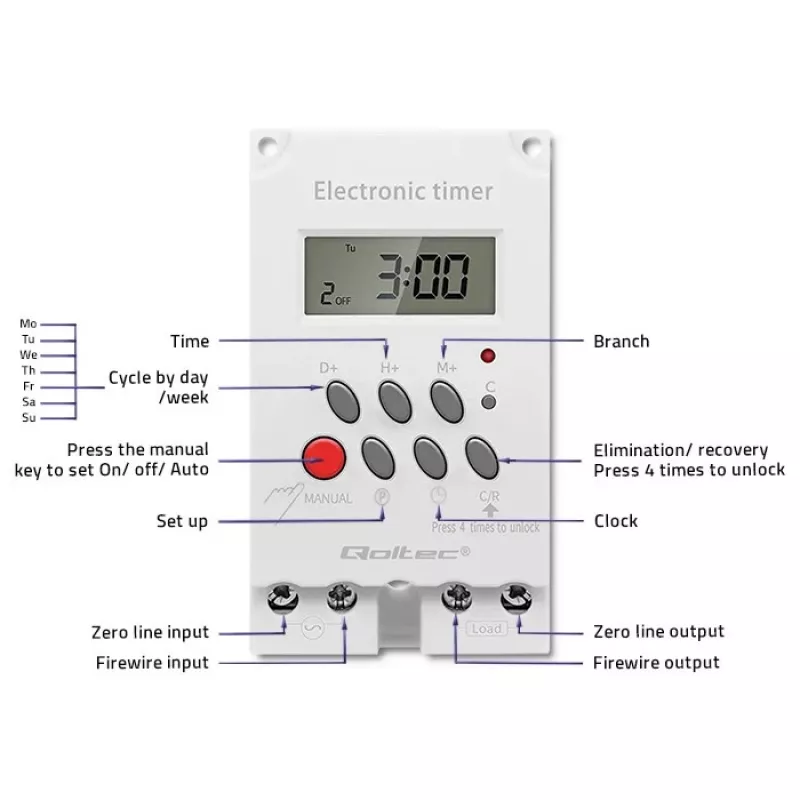 Elektronischer DIN-Schienen-Zeitschalter QOLTEC PC0629 — 24V Versorgung, 16A Ausgang