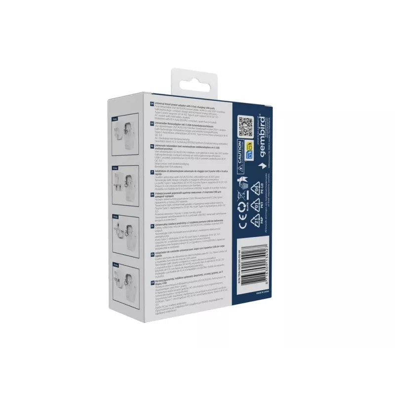 Wand-Reiseadapter GEMBIRD TPA-1A2C20-02-W 20W — 1xUSB-A + 2xUSB-C, Typ-G-Stecker, 100–250 V, weiß