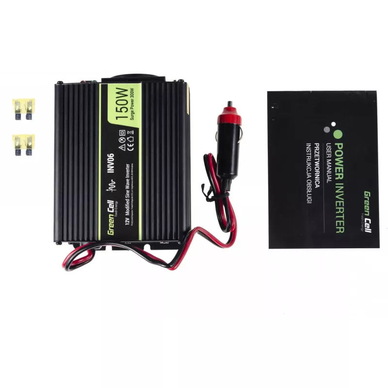 Wechselrichter-Adapter Grün Cell INV06 12V auf 230V 150W 50Hz Typ C Stecker, 85% Effizienz, schwarz