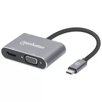 Manhattan USB-C Dock/Hub, Anschlüsse (x4): HDMI, USB-A, USB-C und VGA, mit Power Delivery (PD) 87W – externes USB-C-Ladegerät erforderlich (nicht im Lieferumfang). USB-betrieben (kein externes Netzteil erforderlich), wenn PD nicht verwendet wird, Aluminium