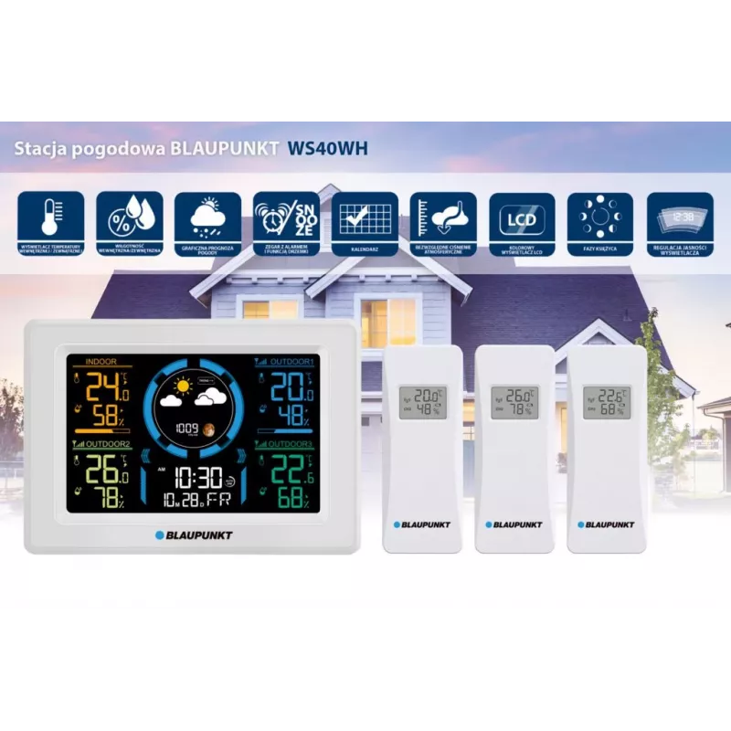 Kabellose Wetterstation BLAUPUNKT WS40WH mit Innen-/Außentemperatur- und -feuchtemonitor