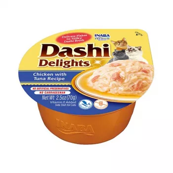 Katzenleckerli INABA Dashi Delights Huhn & Thunfisch Bouillon, 70 g Beutel, getreidefrei, glutenfrei, sojafrei