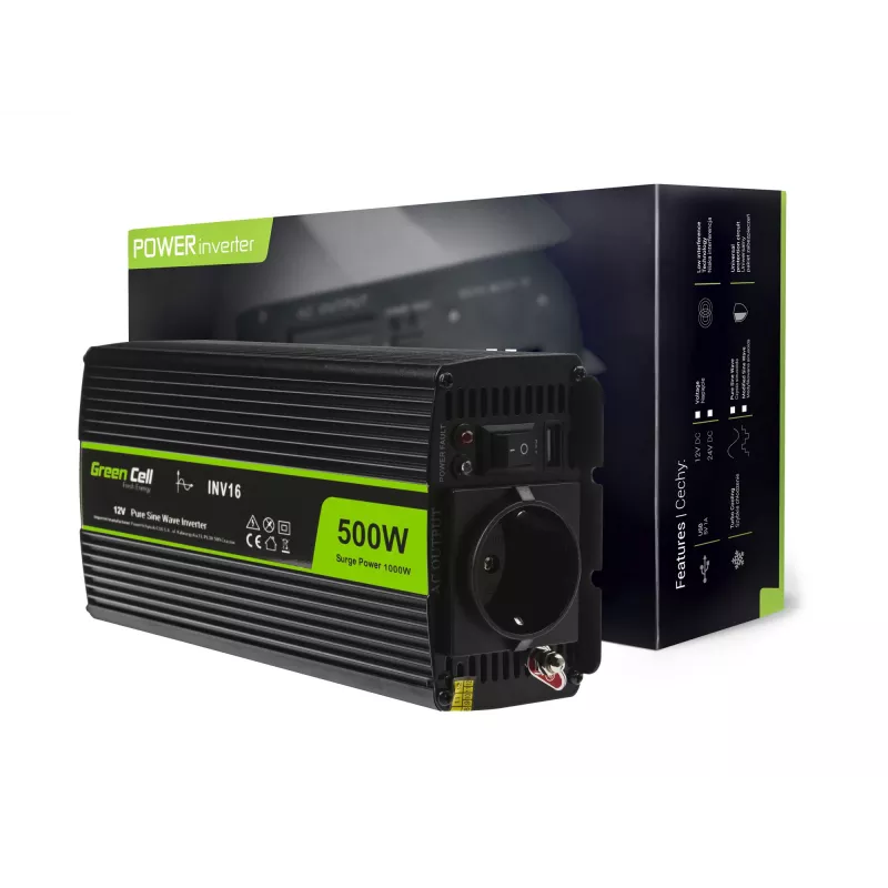 Auto-Wechselrichter Grün Cell INV16 500 W DC 12 V auf AC 230 V, 50 Hz, USB-Anschluss, Aktive Kühlung, Schwarz
