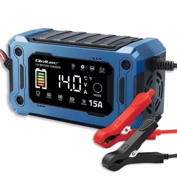 Intelligentes 12V 15A Ladegerät QOLTEC mit Mikroprozessor und LCD — für AGM-, GEL-, SLA-, EFB-, LiFePO4-Batterien