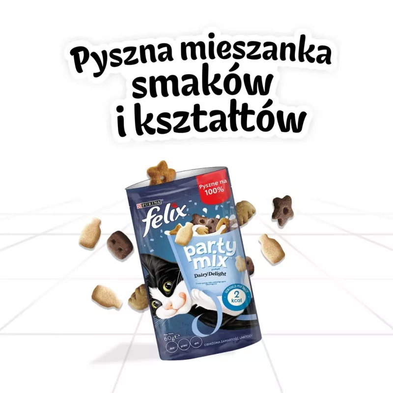 Katzenleckerli Felix Party Mix Dairy Delight 60 g — knusprige Snacks mit Milchgeschmack für ausgewachsene Katzen, Protein 35%, Fett 19,5%