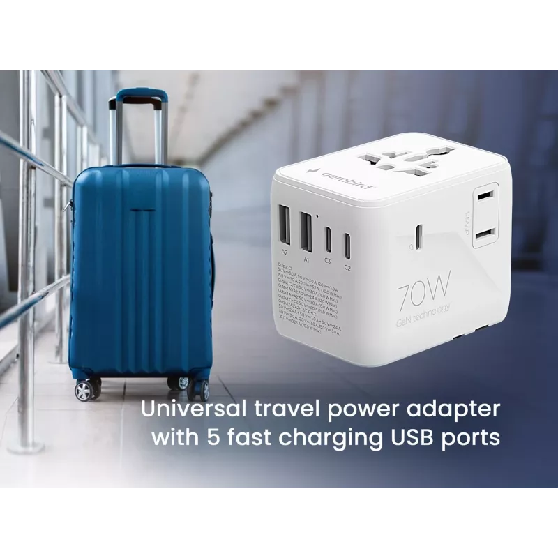 Reiseadapter GEMBIRD TPA-2A3C70-01-W – Steckertyp I, 3× USB-C (70 W), 2× USB-A (18 W), 100–250 V, weiß