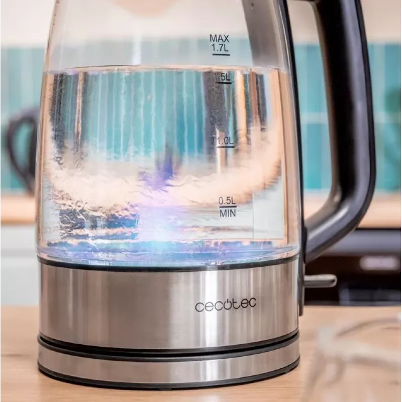 Cecotec Wasserkocher | ThermoSense 340 Clear | Elektrisch | 2200 W | 1,7 L | Glas | 360° drehbare Basis | Klar