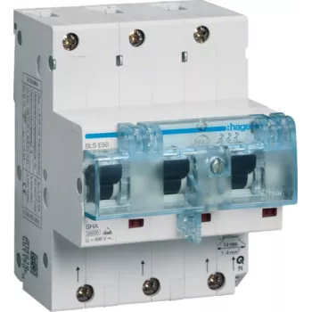 Hager HTN350E. Nennstrom: 50 A. Modulanzahl (max.): 4,5 Module. Breite: 85 mm, Tiefe: 81 mm, Höhe: 110 mm (HTN350E)