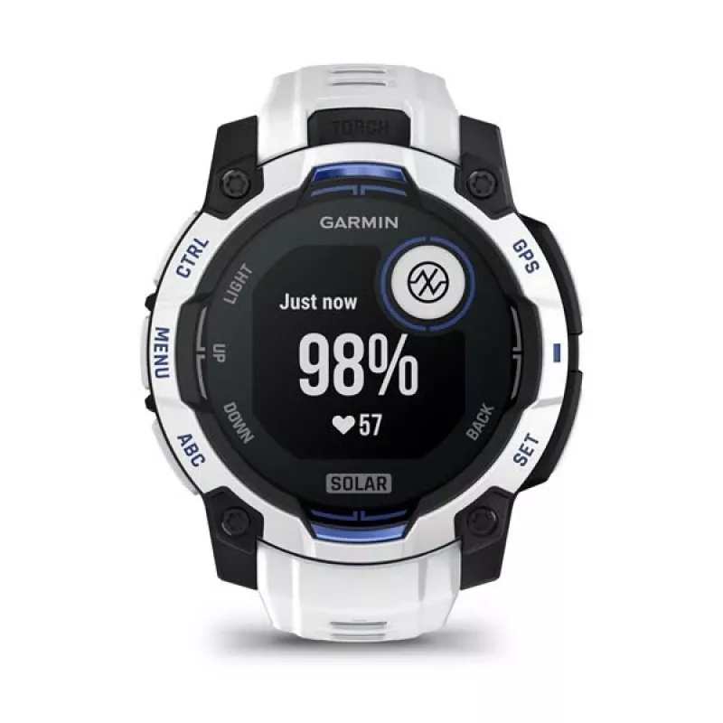 Smartwatch GARMIN Instinct 2 45 mm, MIP 0,9 Zoll (176×176), GPS, Solar, Silikonarmband Blau/Weiß