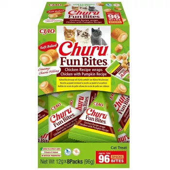 Nassfutter-Leckerli für Katzen INABA Churu Fun Bites Huhn & Kürbis 8 x 12 g Paste, Protein 27,3 %, Feuchtigkeit 56 %