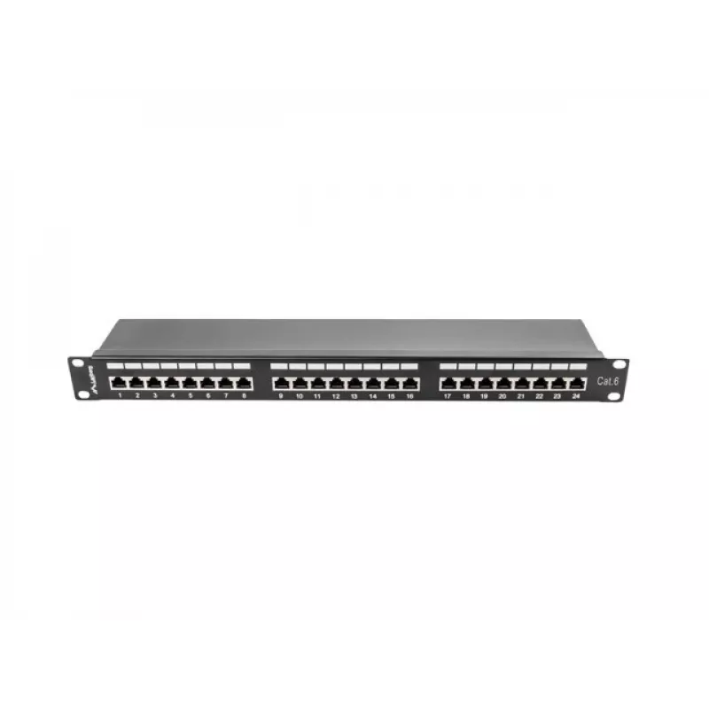 Patchpanel 1U LANBERG PPS6-1024-B, 24-Port Cat6, Metall, schwarz, 442×114,5×44,5 mm